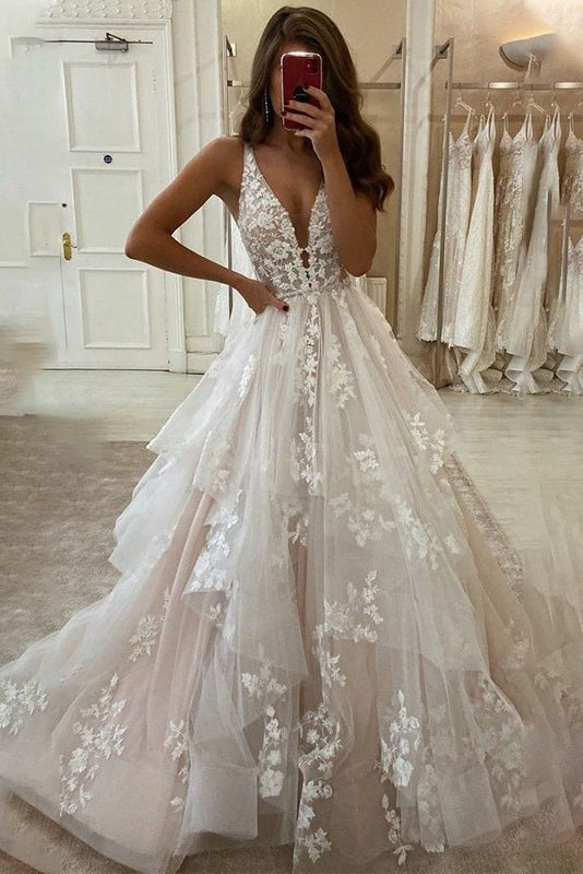Princess A line Tulle V Neck Appliques Tiered Floor Length Sleeveless Wedding Dresses OW0128