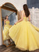 Puffy A Line Yellow Tulle Tea Length Strapless Homecoming Dress with Lace, Miani Dress OMH0155