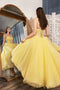 Puffy A Line Yellow Tulle Tea Length Strapless Homecoming Dress with Lace, Miani Dress OMH0155
