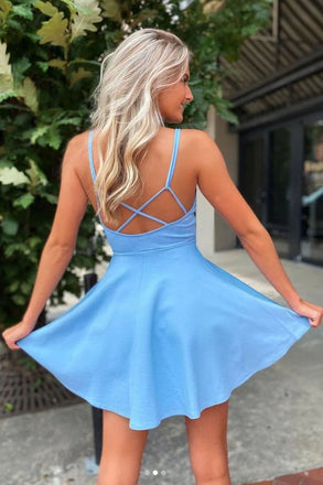 Simple A Line V Neck Blue Satin Short Prom Dresses, Homecoming Dresses OMH0173