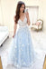 Glitter A Line V Neck Blue Lace Prom Dresses, Tulle Spaghetti Straps Evening Dresses OM0106