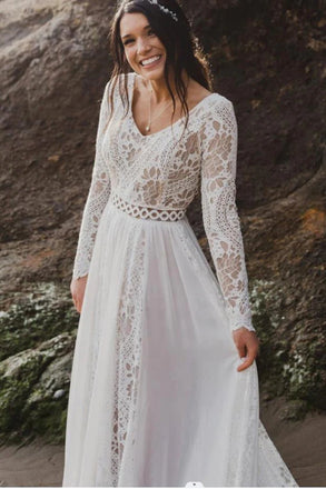 Unique A Line V neck Long Sleeves Lace Beach Wedding Dresses, Ivory Bridal Gowns OW0110