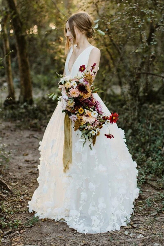 Elegant A line V Neck 3D Flowers Beach Wedding Dresses, V Back Wedding Gowns OW0126