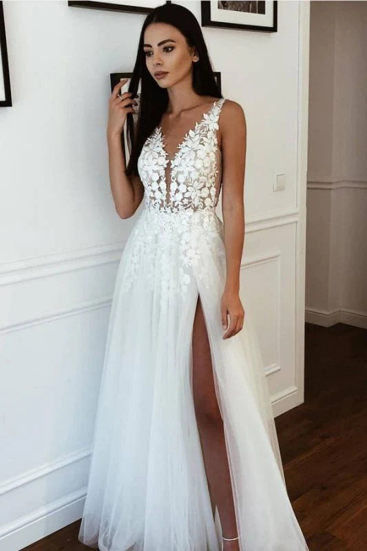 A Line V neck Lace Appliques Wedding Dress, Tulle Slit Long Wedding Gowns OW0070