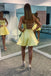 A line Spaghetti Straps Satin Yellow Above Knee Short Prom Dress, Homecoming Dresses OMH0077