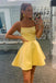 A line Spaghetti Straps Satin Yellow Above Knee Short Prom Dress, Homecoming Dresses OMH0077