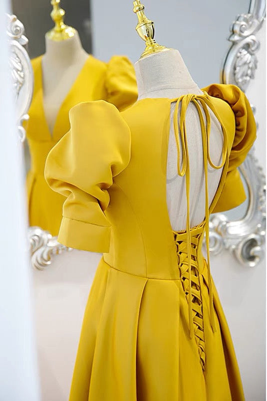 Unique A line Yellow Satin Half Sleeves Long Prom Dresses with Open Back Lace up OM0156