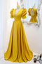 Unique A line Yellow Satin Half Sleeves Long Prom Dresses with Open Back Lace up OM0156