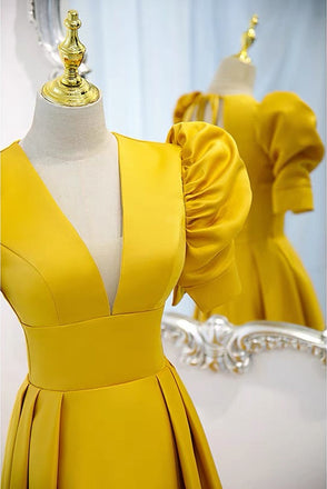 Unique A line Yellow Satin Half Sleeves Long Prom Dresses with Open Back Lace up OM0156