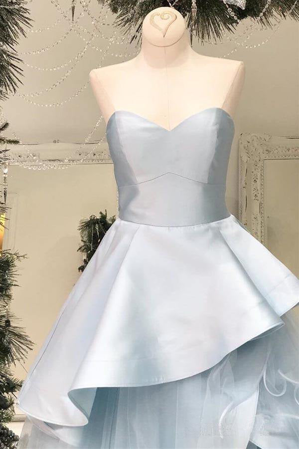 Elegant A Line Light Blue Strapless Multi-Layered Ruffles Sleeveless Long Prom Dresses OM0214