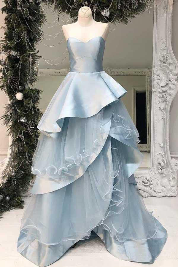 Elegant A Line Light Blue Strapless Multi-Layered Ruffles Sleeveless Long Prom Dresses OM0214