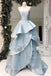 Elegant A Line Light Blue Strapless Multi-Layered Ruffles Sleeveless Long Prom Dresses OM0214