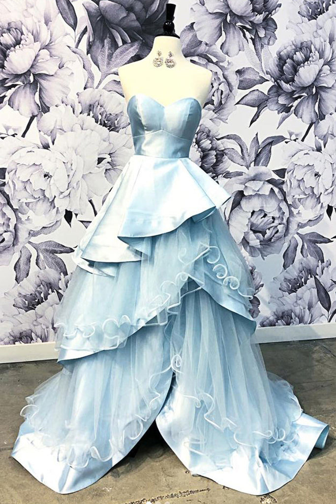 Elegant A Line Light Blue Strapless Multi-Layered Ruffles Sleeveless Long Prom Dresses OM0214
