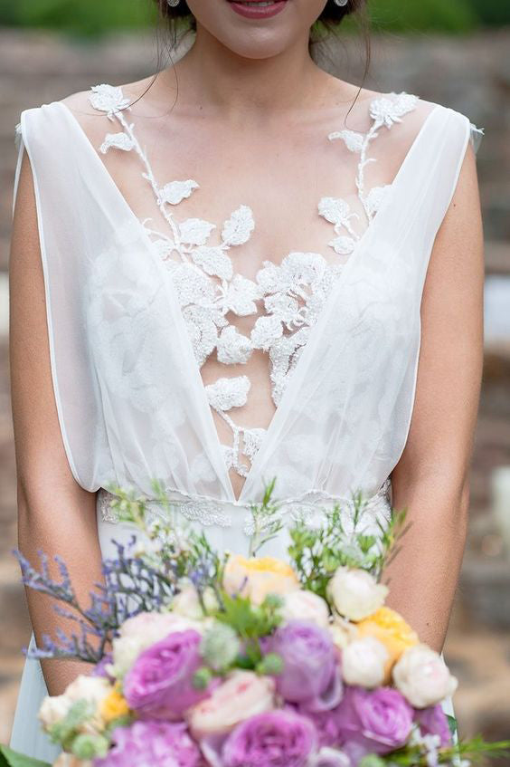 Unique A line Chiffon Ivory Hand Made Flowers Backless Boho Wedding Dresses OW0047