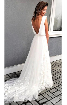 Unique A line Chiffon Ivory Hand Made Flowers Backless Boho Wedding Dresses OW0047