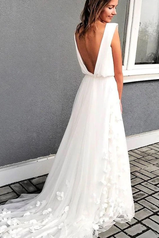 Unique A line Chiffon Ivory Hand Made Flowers Backless Boho Wedding Dresses OW0047