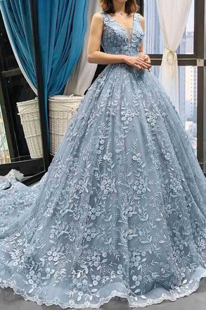 A Line 3D Floral V neck Tulle Straps Light Blue Prom Dresses with Lace Up OM0046