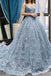 A Line 3D Floral V neck Tulle Straps Light Blue Prom Dresses with Lace Up OM0046