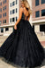 Sparkly A Line Black Spaghetti Straps V Neck Long Prom Dresses, Sleeveless Evening Dress OM0283