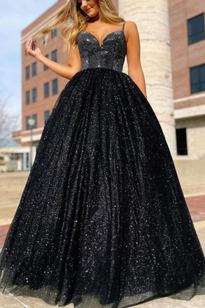 Sparkly A Line Black Spaghetti Straps V Neck Long Prom Dresses, Sleeveless Evening Dress OM0283