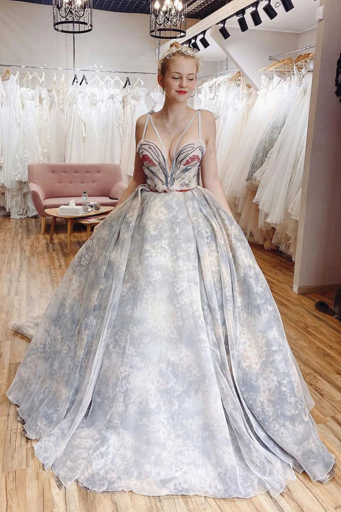 Princess Ball Gown Deep V Neck Lace Appliques Long Prom Dresses, Quinceanera Dresses OM0195