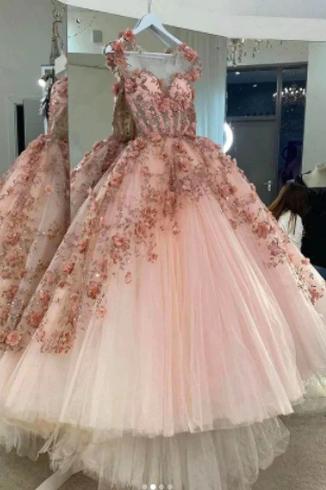Princess Ball Gown Dusty Pink 3D Floral Appliques Tulle Prom Dress, Quinceanera Dress OM0278
