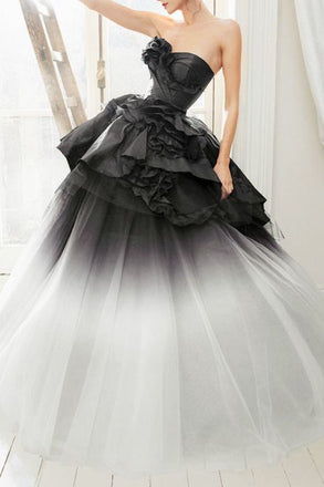 Ball Gown Ombre Tulle Strapless Long Prom Dresses, Tiered Quinceanera Dresses OM0266