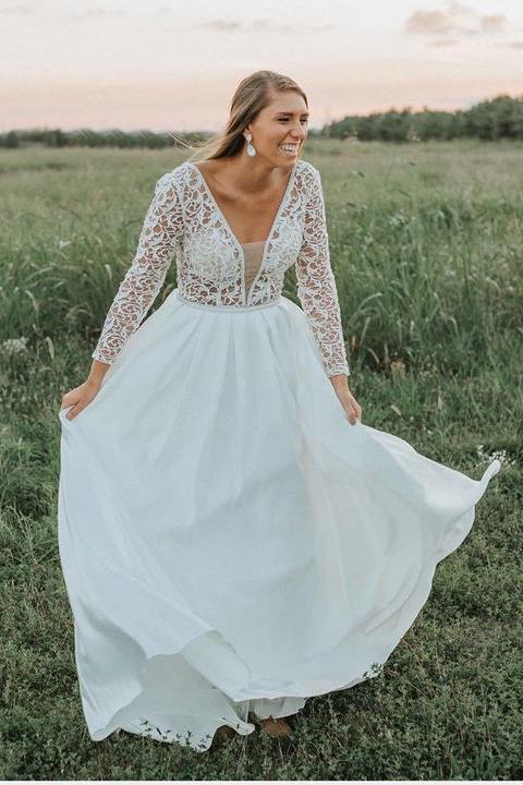 Long Sleeves A Line V Neck Lace Top Long Wedding Dress PDG80