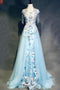 Light Blue Cap Sleeves Prom Dress with Beading, Formal Evening Dress PDN42