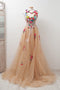 A-line Sleeveless Open Back Appliques Tulle Long Prom Dress Flowers PDE81