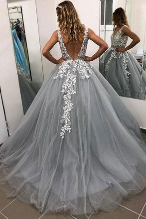 Gray V Neck Long Prom Dress for Teens, Puffy Appliqued Ball Gown with Beading PDH75