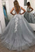 Gray V Neck Long Prom Dress for Teens, Puffy Appliqued Ball Gown with Beading PDH75