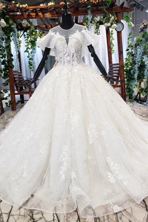 Elegant Ball Gown Big Wedding Dresses, Appliques Bridal Dress with Short Sleeves PDN73