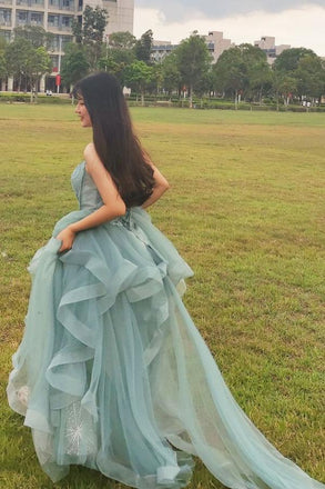 Elegant Spaghetti Straps Tulle Long Formal Prom Dresses, A-line Long Evening Dress OM0004