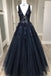 Deep V Neck Appliqued Prom Dresses See Through Floor Length Formal Dresses PDS4