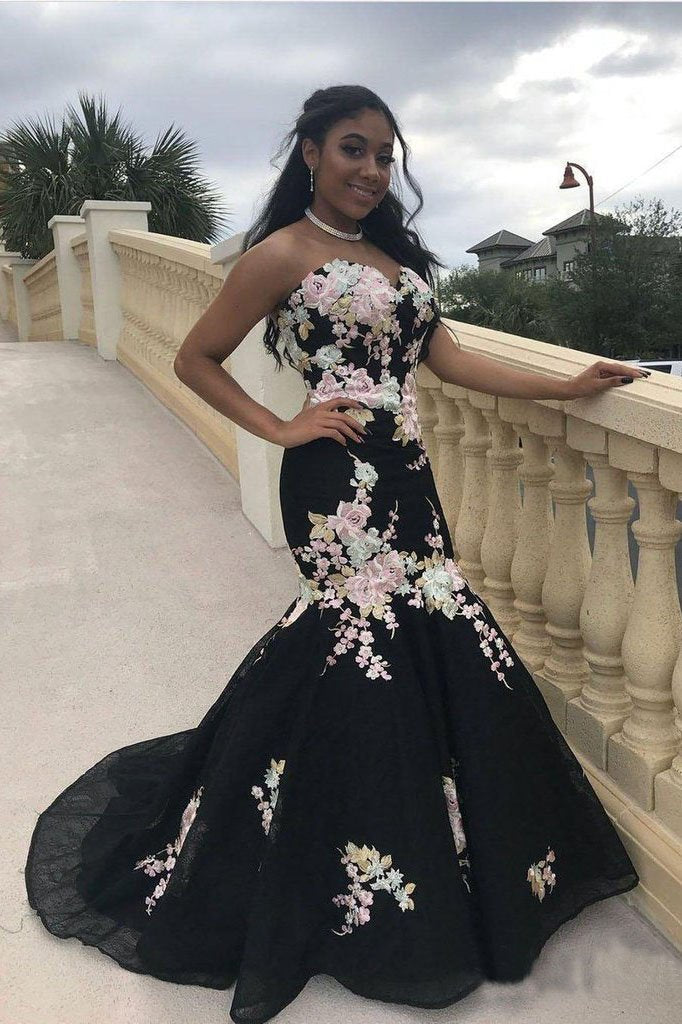 Black Mermaid Prom Dresses Strapless Embroidery Applique Sexy Prom Dresses PDP4