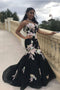 Black Mermaid Prom Dresses Strapless Embroidery Applique Sexy Prom Dresses PDP4