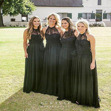 Pretty Black Chiffon Lace A Line Long Halter Bridesmaid Dresses PDG50