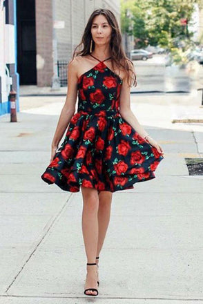 A-Line Cross V-Neck Above Knee Floral Satin Homecoming Dresses PDO44