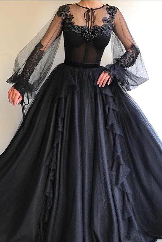 Black Long A-line Tulle Prom Dress, Long Sleeves Modest Evening Gown P trendtydresses Black Long A-line Tulle Prom Dress, Long Sleeves Modest Evening Gown P trendtydresses