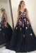 Charming V-Neck Black Floral Appliques Beading Sleeveless Long Prom Dress PDI40