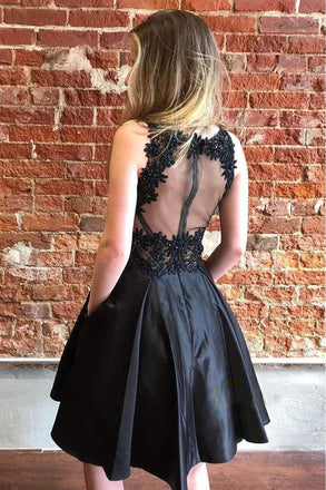 Black A Line Short Satin Homecoming Dress, Short Prom Dress with pockets OMH0233