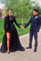 Long Sleeves Black Lace Prom Dresses High Low Party Dress with Detachable Train OM0265