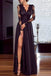 A Line Long Sleeves Black Lace V neck Long Prom Dress, Floor Length Evening Dress OM0267