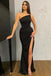 Simple Black One Shoulder Mermaid Ruffles Prom Dresses with High Slit OM0113