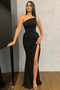 Simple Black One Shoulder Mermaid Ruffles Prom Dresses with High Slit OM0113