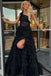 Princess A line One Shoulder Black Long Prom Dresses with Slit, Tiered Evening Dress OM0322