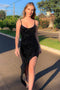 Black Sequined Spaghetti Straps Mermaid Backless Prom Dress with Slit OM0166