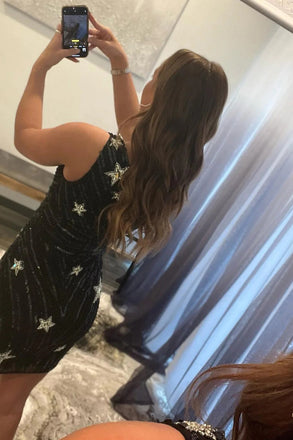 Sheath Black One Shoulder Sequins Short Homecoming Dresses With Stars, Cocktail Dress OM0360