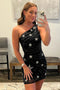 Sheath Black One Shoulder Sequins Short Homecoming Dresses With Stars, Cocktail Dress OM0360